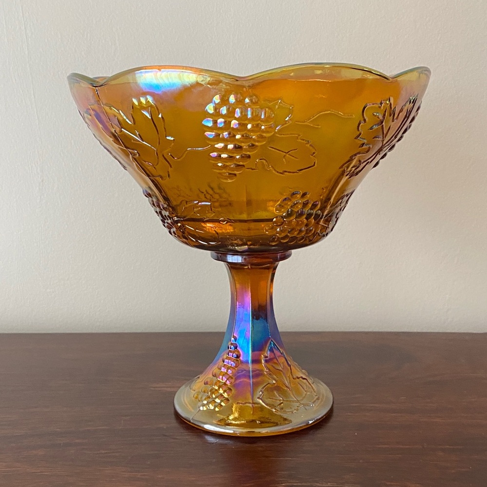 Indiana Glass • Harvest Grape • Carnival Glass • Amber • Pedestal Fruit Bowl - Picture 2 of 5